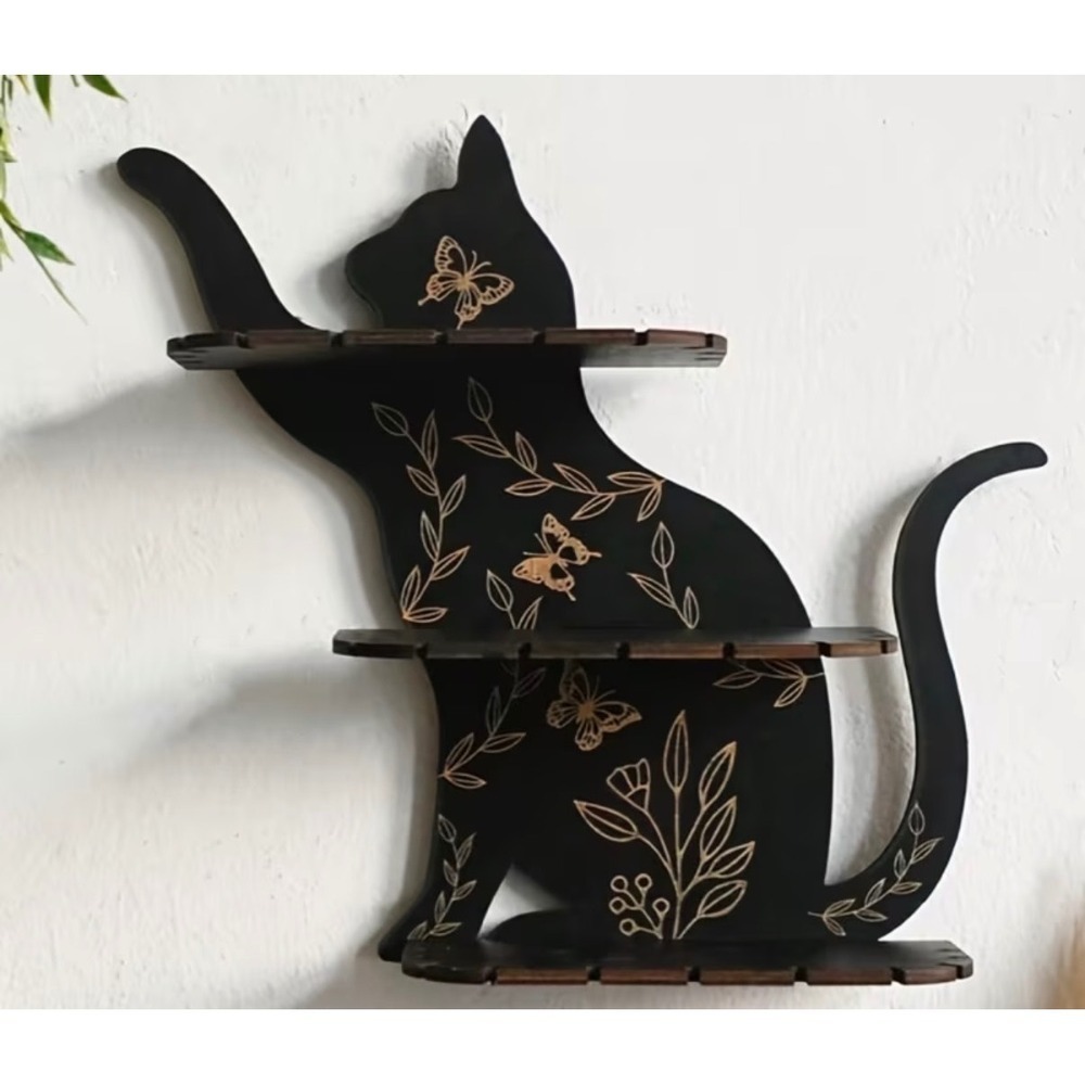 Black Cat Silhouette Wall Shelf Home Decor Black Crystal Display New